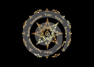 Gold Book Of Shadows Wheel Of The Year Modern Paganism Wicca. Wiccan calendar and holidays. Golden Compass