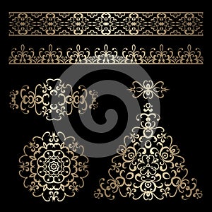 Gold borders and swirly design elements on black