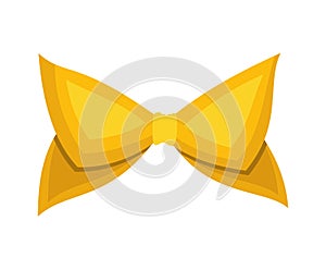 Gold bow. Cartoon vector yellow luxury design element of wrap pack. Satin bow with ribbon isolated on white background