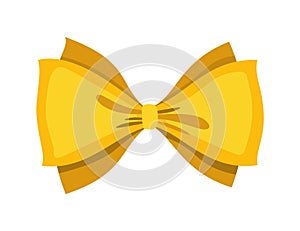 Gold bow. Cartoon vector yellow luxury design element of wrap pack. Satin bow with ribbon isolated on white background