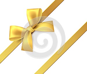 Gold bow. Gift present golden shiny ribbon. Vector isolate tape for design greeting and discount card photo