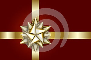 Gold bow isolated on red background. Shiny golden ribbon. Christmas satin decoration. New Year holiday design. EPS 10.