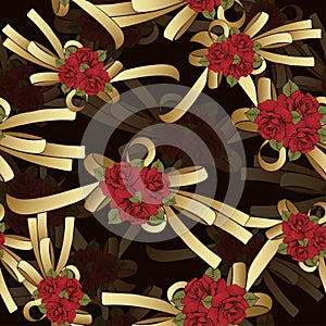 Gold bow with red flowers roses seamless pattern, vector background. Painted decorative element, hand-drawing, cartoon