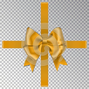 Gold bow with ribbon isolated on white background. Vector rose bow for gift box decor. Top view of C