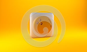 Gold Bowling ball icon isolated on yellow background. Sport equipment. Silver square button. 3D render illustration