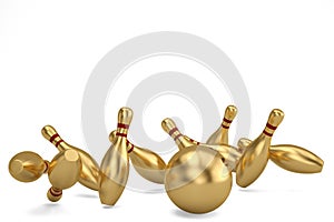 Gold bowling ball and scattered skittle.3D illustration.