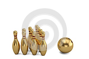 Gold bowling ball and scattered skittle.3D illustration.