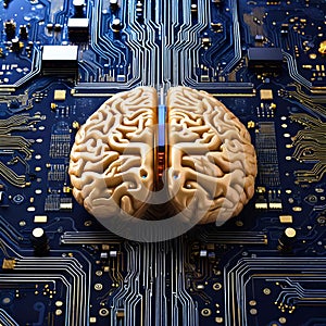 Gold brain connected to a motherboard