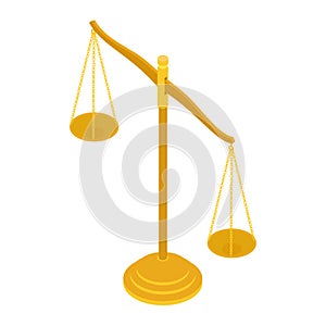 Gold brass balance scale isolated on white background. Sign of justice, lawyer