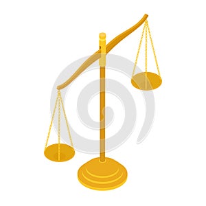 Gold brass balance scale isolated on white background. Sign of justice, lawyer