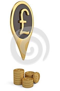 Gold British Pound pin icon and coin stacks on white backgroun.3D illustration.