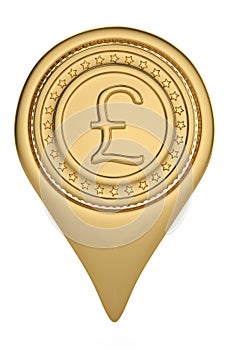 Gold British Pound pin icon on white backgroun.3D illustration.