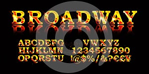 Gold \'Broadway\' font with lamps turned on
