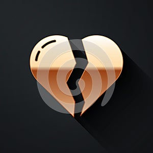 Gold Broken heart or divorce icon isolated on black background. Love symbol. Valentines day. Long shadow style. Vector