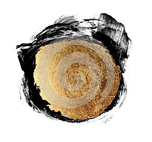 Gold (bronze) and black color smear brushstroke stain blot on white background. Abstract Painting texture