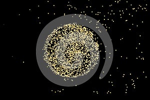 Gold bronze glitter shine dots circle confetti on black. Abstract light blink sparkle horizontal backgound