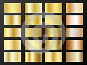 Gold and bronze gradients vector mega set. Metallic gold foil texture gradient swatch templates