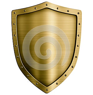 Gold or bronze metal medieval shield isolated on