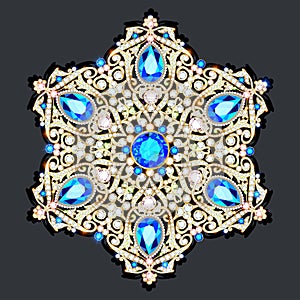 gold brooch with  precious stones. Filigree victorian jewellery