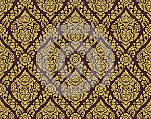 Gold and brown Lai thai pattern ,Thai traditional background with Flowers and vines cross vector art design