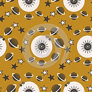 Gold and brown planets and celestial elements, in a seamless pattern design