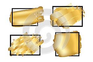 Gold brush in black square frame isolated white background. Golden strokes set abstract texture. Fashion border. Gold