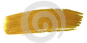 Gold brush paint stroke. Acrylic golden color smear stain on white background. Glitter gold banner with glossy texture for banner photo