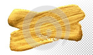 Gold brush paint stroke. Acrylic golden color smear stain on white background. Glitter gold banner with glossy texture for banner,