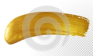 Gold brush paint stroke. Acrylic golden color smear stain on white background. Glitter gold banner with glossy texture for banner,