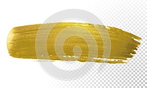Gold brush paint stroke. Acrylic golden color smear stain on white background. Glitter gold banner with glossy texture for banner,