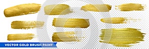 Gold brush paint strokes, vector golden glitter texture smears. Sparkling glow gold paint background and frames luxury design