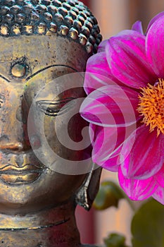 Gold buddha head statue and flower. Spiritual meditation and Zen buddhism nature image