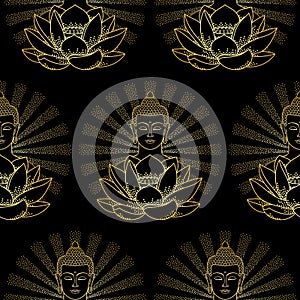 Gold Buddha and Lotus with light seamless pattern