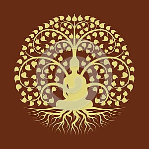 Gold buddha Meditate under Bodhi tree circle sign style vector design photo