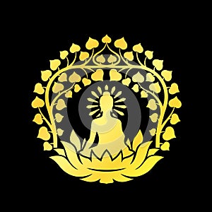 Gold Buddha Meditation sit on lotus with bodhi tree branch and leaf around on black background vector design