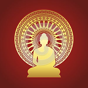 Gold Buddha statue and Dharmachakra wheel of dhamma sign on red brown background vector design