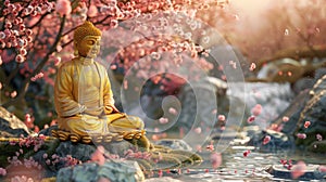 Gold Buddha statue in lotus position in a natural setting. Buddhist sculpture in serene landscape. Concept of Buddhism