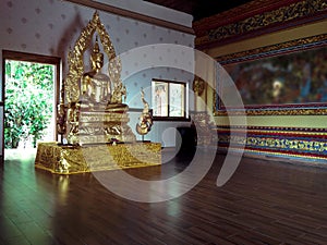 Gold Buddha Statue In The Worship Room At Buddhist Temple Brahmavihara Arama Monastery