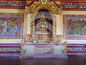 Gold Buddha The Wall Sculpture In Worship Room At Buddhist Temple Brahmavihara Arama Monastery