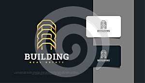 Gold Building Logo Design with Line Style, Suitable for Real Estate Industry Identity