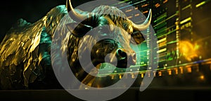 gold bull on chart background for business concept. Graph Stock Trading, crypto currency
