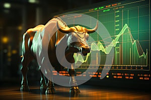 gold bull on chart background for business concept. Graph Stock Trading, crypto currency