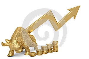 Gold bull with coins and uprise arrow.3D illustration.