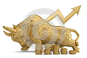 Gold bull with coins and uprise arrow.3D illustration.