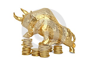 Gold bull with coins on white background.3D illustration.