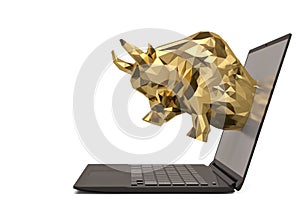 Gold bull with laptop on white background.3D illustration.