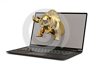 Gold bull with laptop on white background.3D illustration.