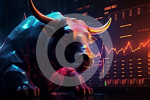 gold bull sculpture on chart background for business concept. Graph Stock Trading, crypto currency