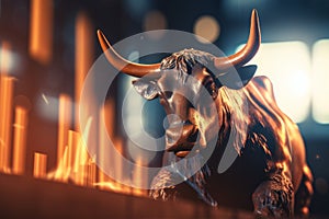 gold bull sculpture on chart background for business concept. Graph Stock Trading, crypto currency