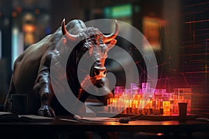 gold bull sculpture on chart background for business concept. Graph Stock Trading, crypto currency